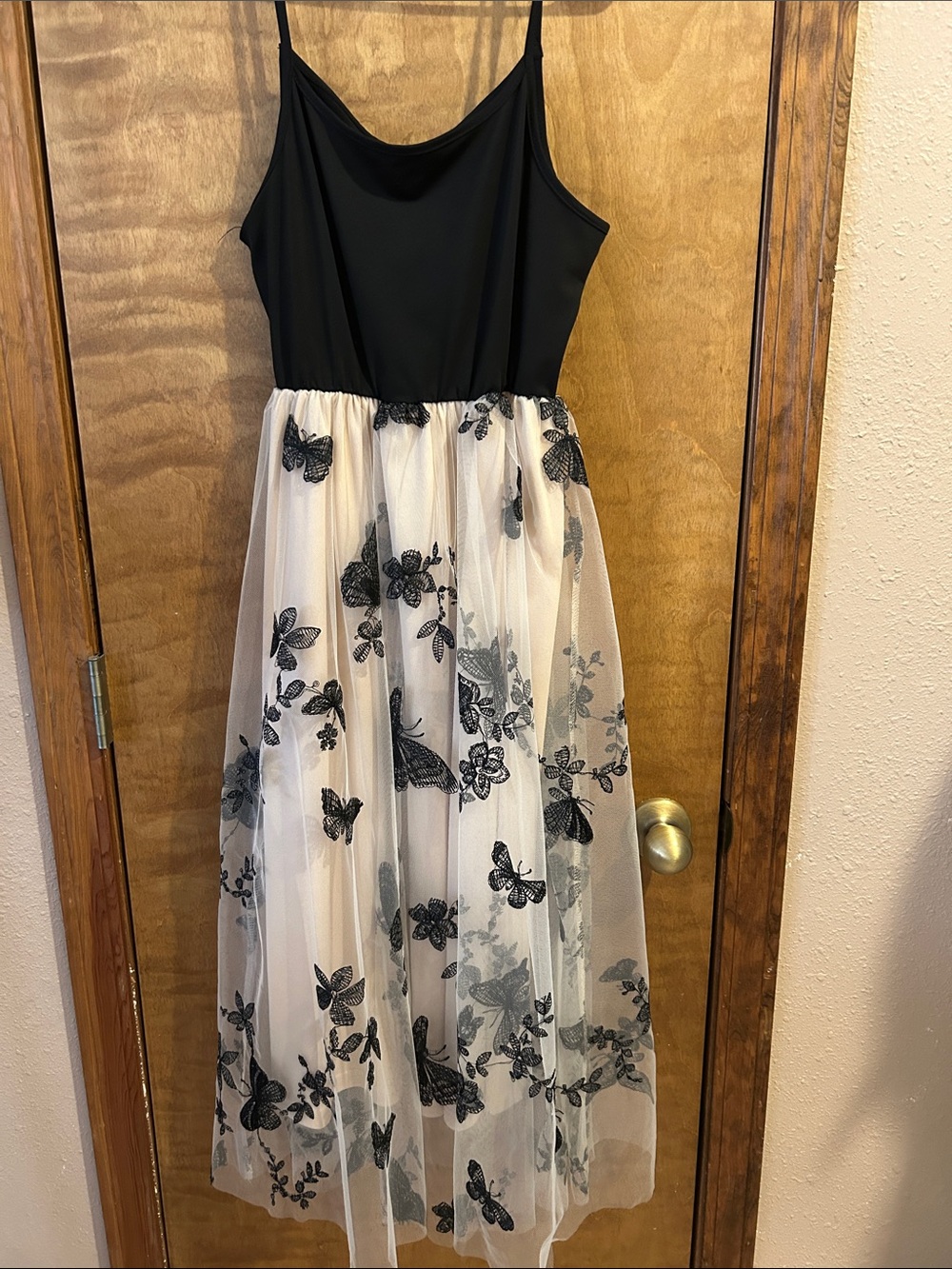 Black Top Ivory Tulle Midi Dress with Black Butterfly Embroidery  Excellent Cond